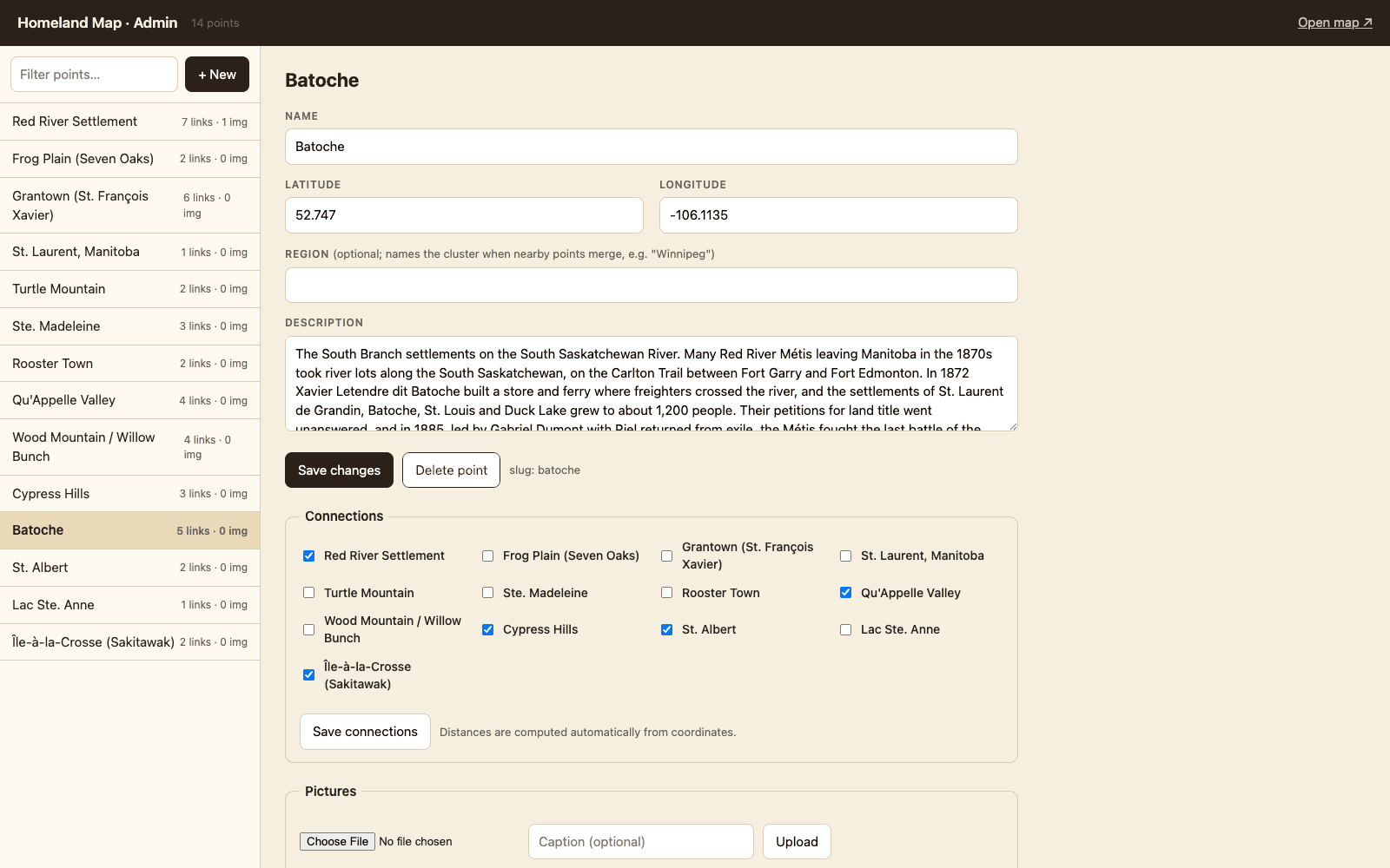 Admin page listing the places with a form for editing one