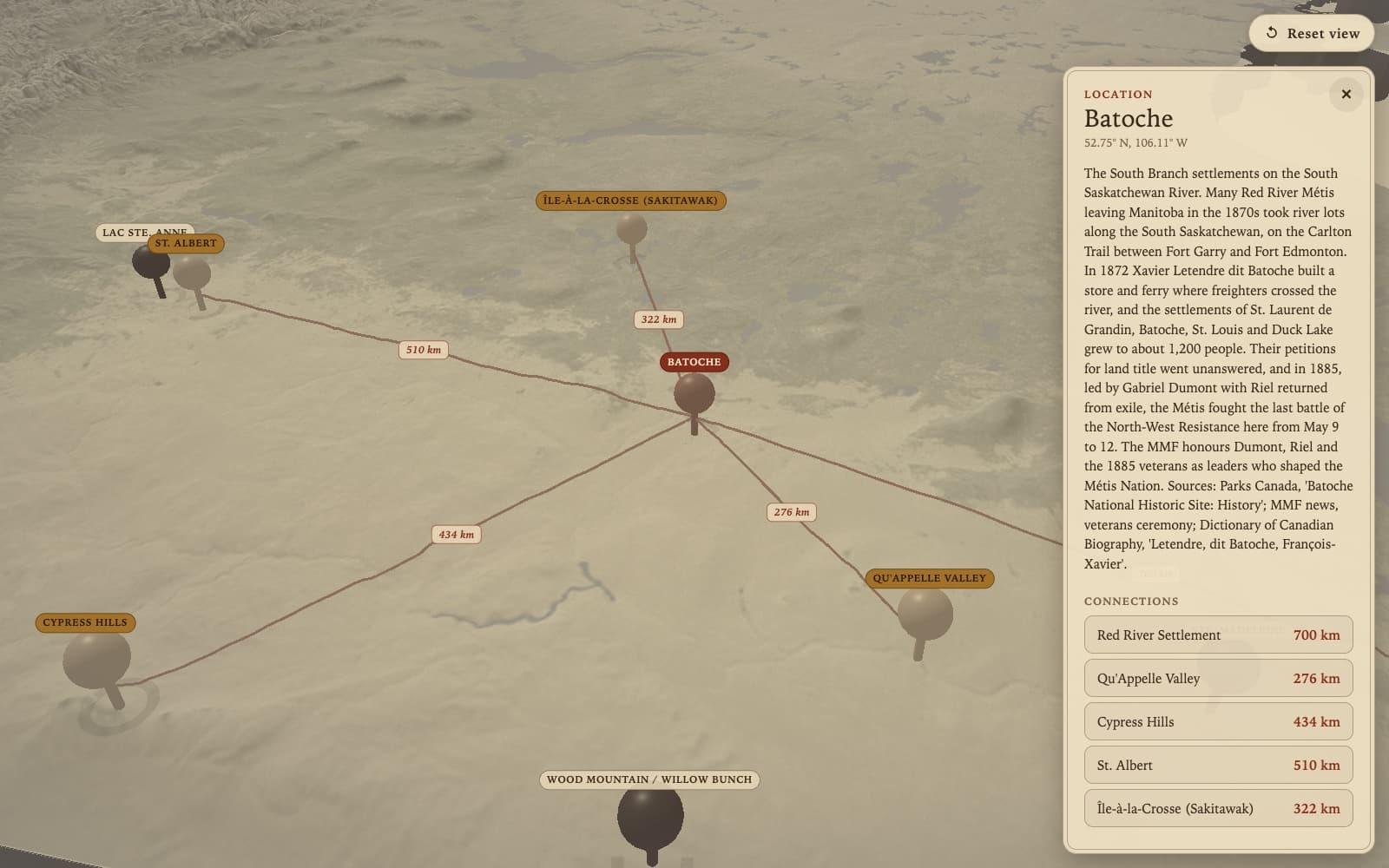 Batoche selected on the map, with lines to five connected places labelled by distance and an info panel