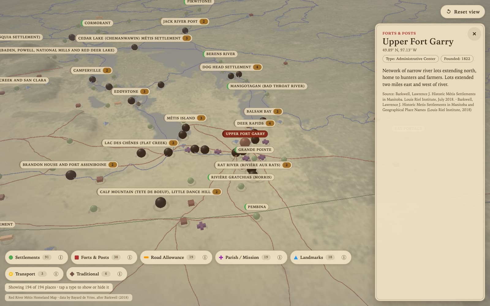 Upper Fort Garry selected on the sepia chart, with its write-up and sources in a side panel