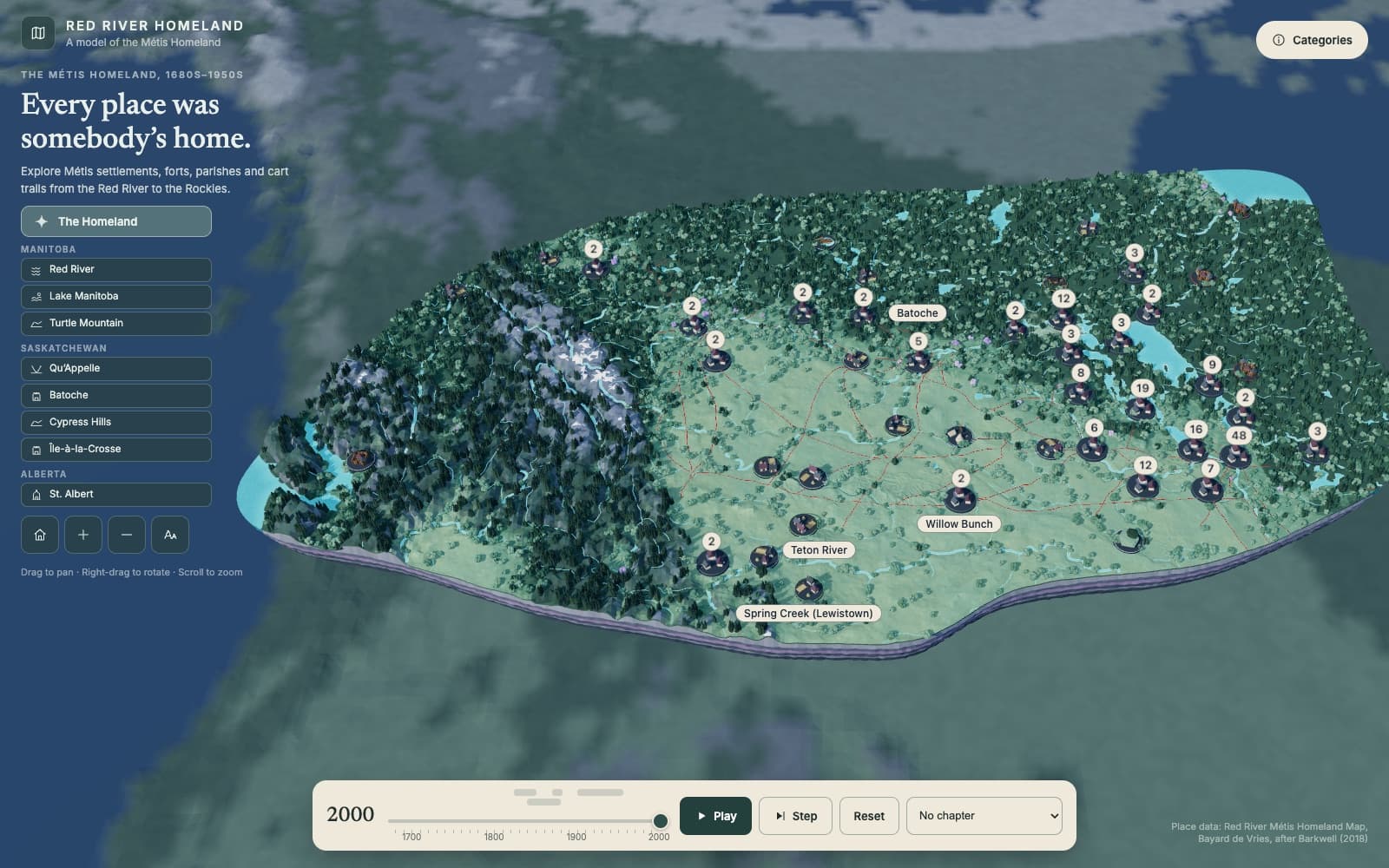 Low-poly island model of the Métis Homeland from the Rockies to Hudson Bay, with place daises and cluster counts, area buttons on the left and a timeline bar along the bottom