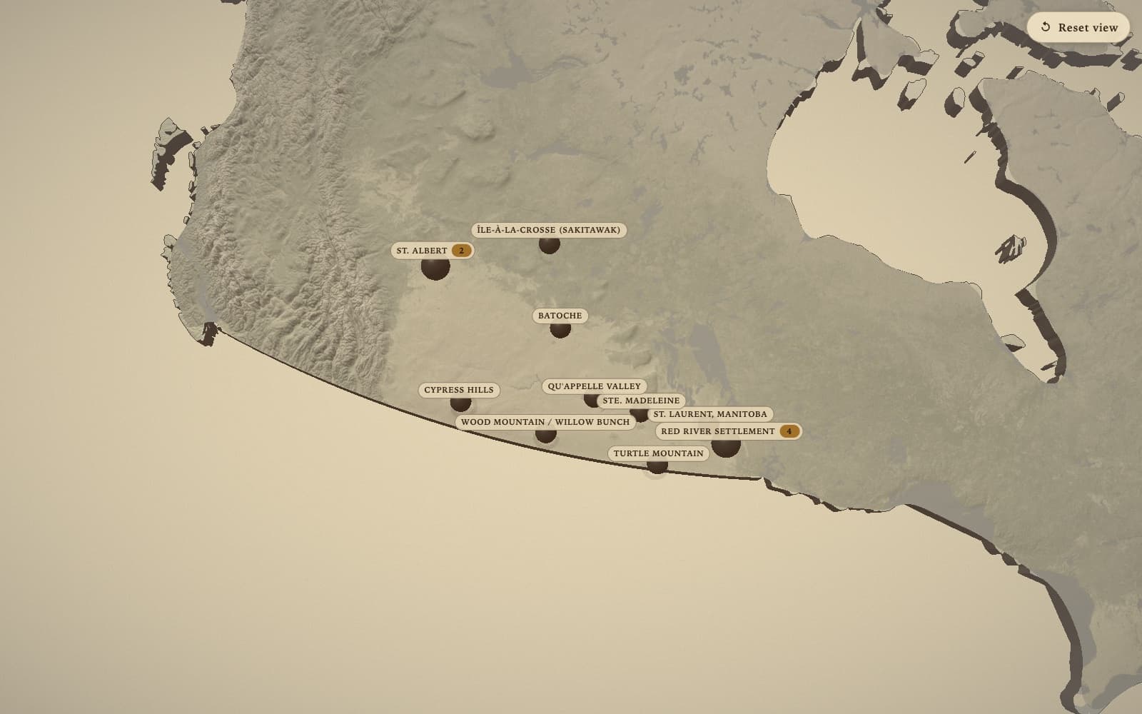 3D relief map of Canada in sepia with labelled Red River Métis places across the prairies