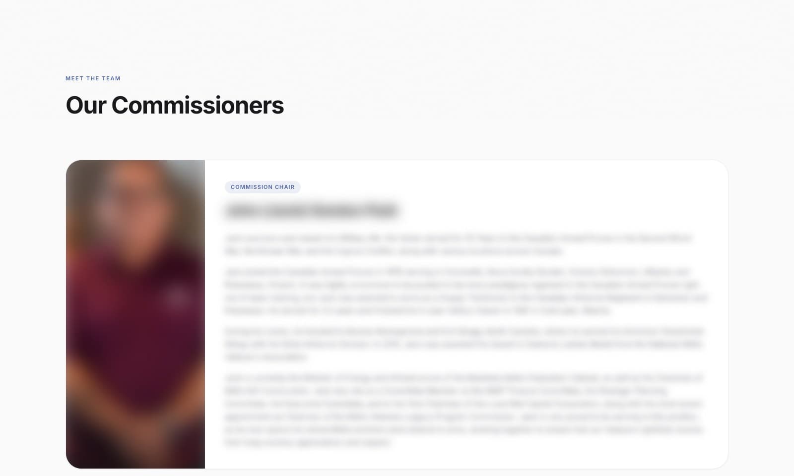 The Commission page with a commissioner's profile card, portrait and text blurred