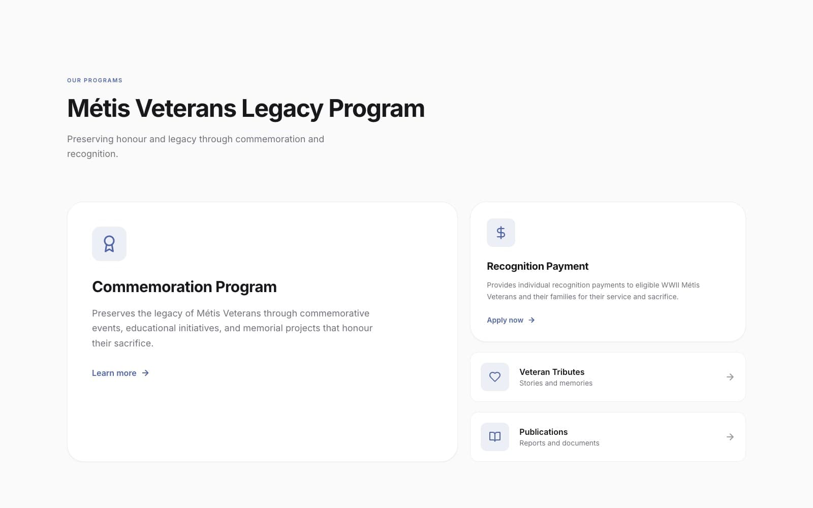 Program cards on the home page linking to the Commemoration Program and Recognition Payment