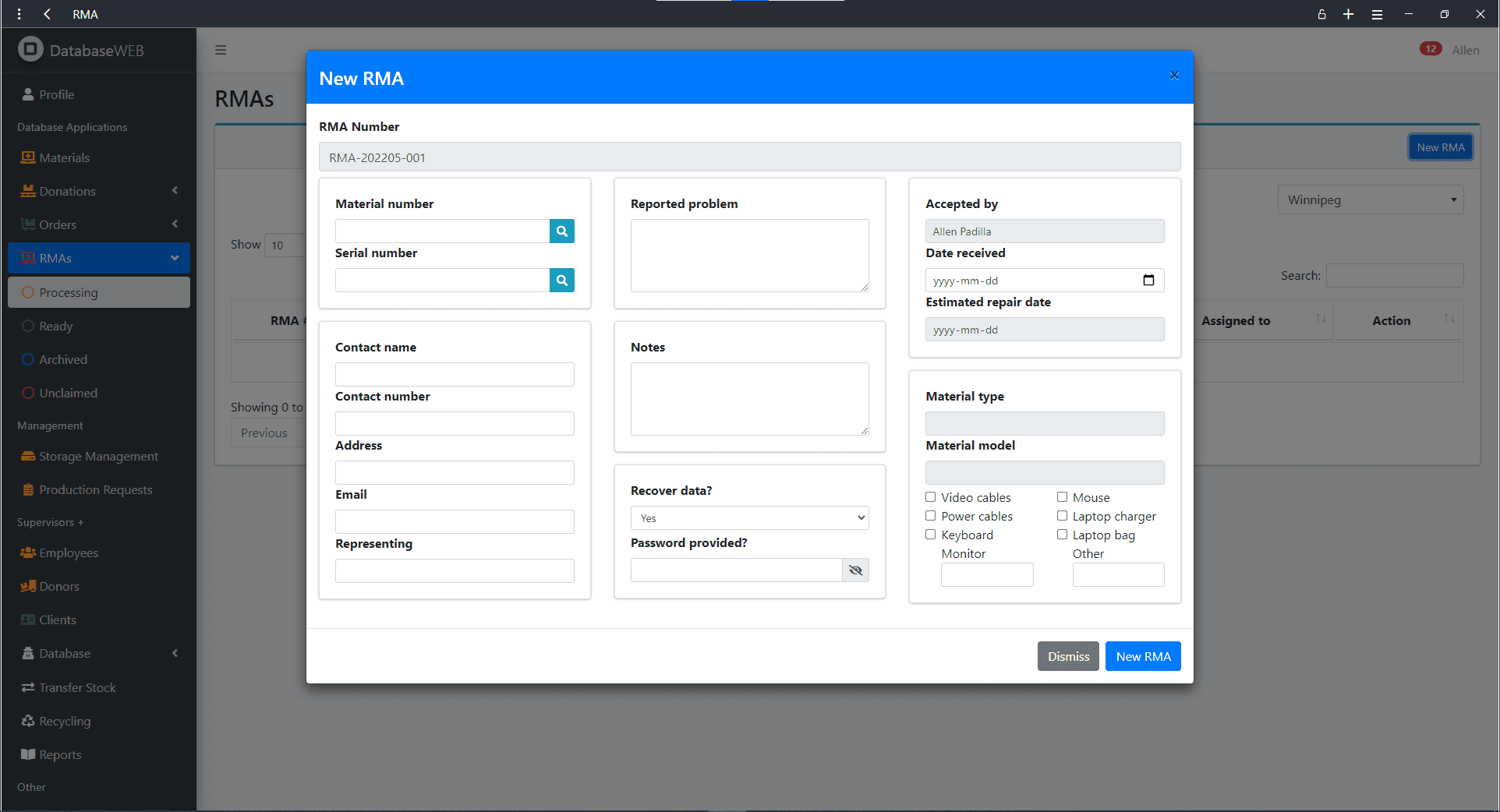 New RMA form