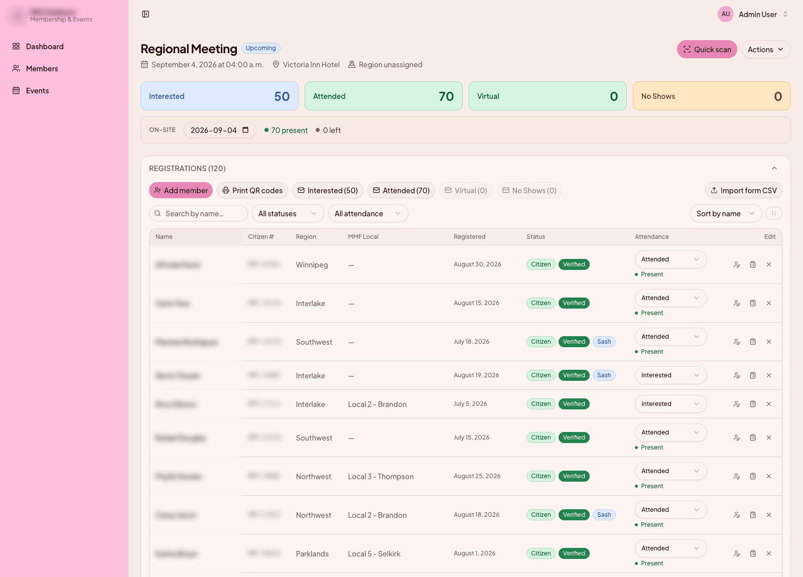 Event page with attendance counts, an on-site tally, and the registration list, names blurred