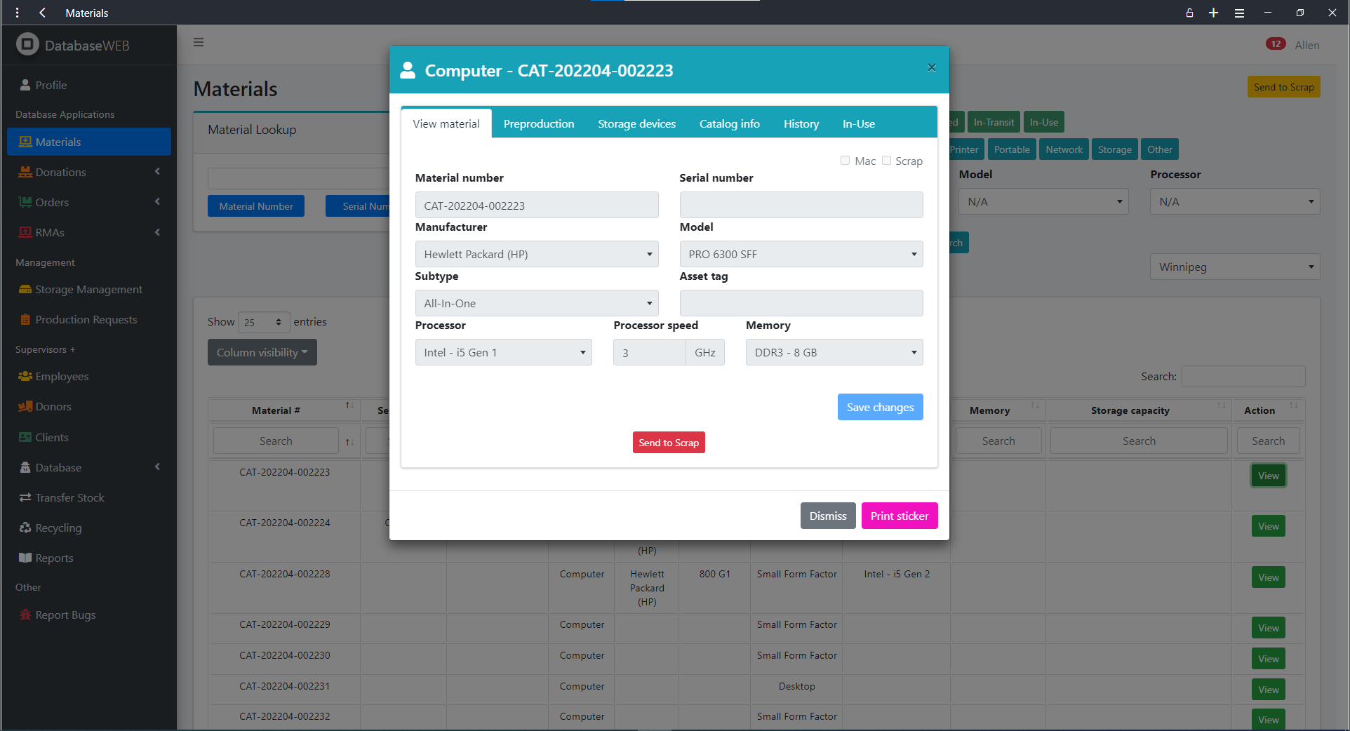 Web database screenshot of materials page